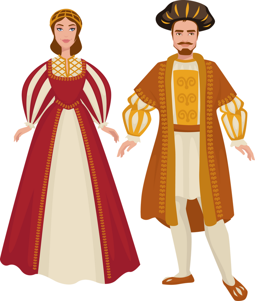Men and women in medieval costumes cartoon illustration